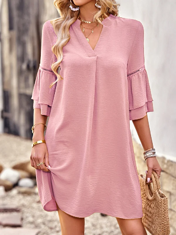 Solid Color Loose V Neck Mini Dress