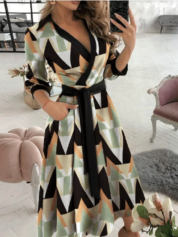 Women's Dresses V-Neck Long Sleeve Pocket Print Dress