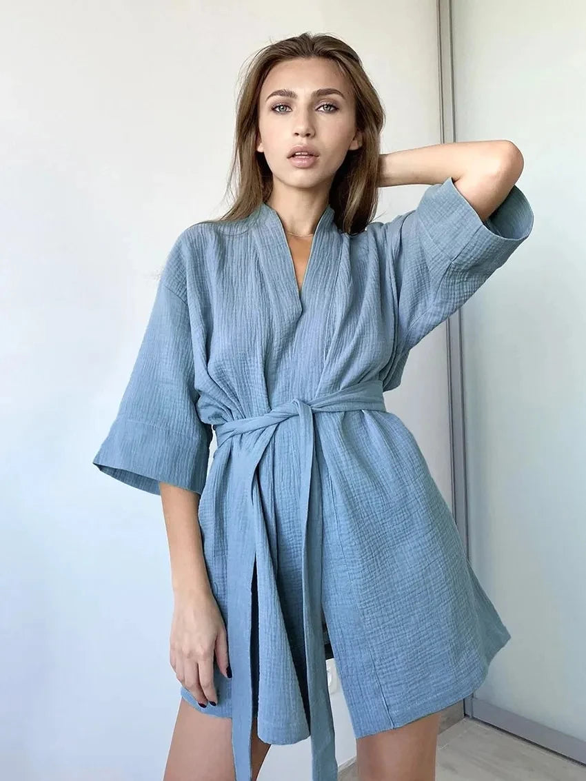 Solid Cotton Bathrobe Female Robes Women Sexy Mini Dresses Three Quarter Sleeves Dressing Gown Dress Nightgown Home Dress