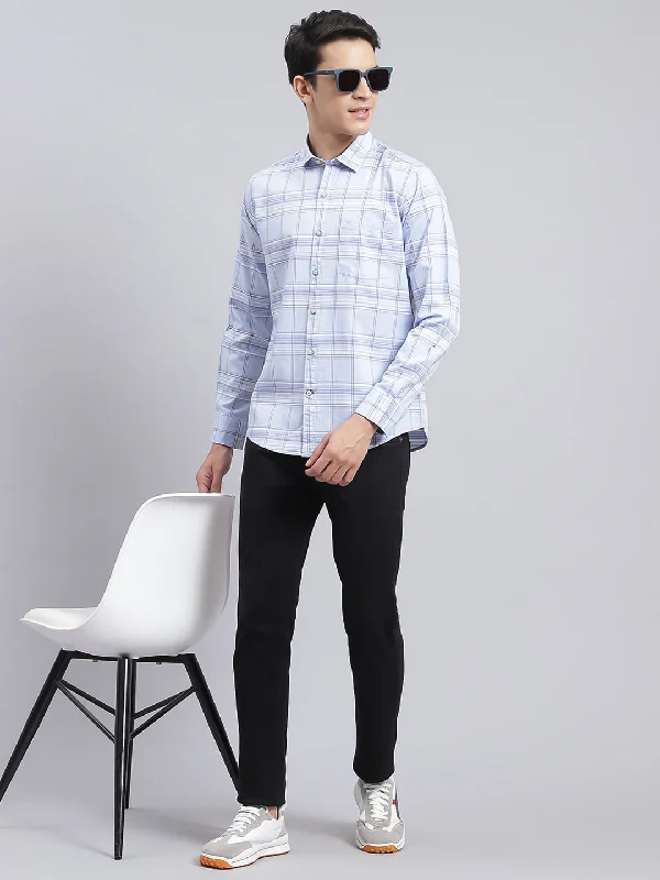 Men's Thermal - Lined Casual Shirts in Black for Added Warmth in Cold WeatherMen Sky Blue Check Pure Cotton Shirt Men's Thermal - Lined Casual Shirts in Black for Added Warmth in Cold WeatherMen Sky Blue Check Pure Cotton Shirt