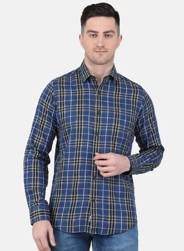 Men's Stretch - Fabric Casual Shirts in Navy Blue for a Comfortable and Flexible FitMen Blue Check Shirt Men's Stretch - Fabric Casual Shirts in Navy Blue for a Comfortable and Flexible FitMen Blue Check Shirt