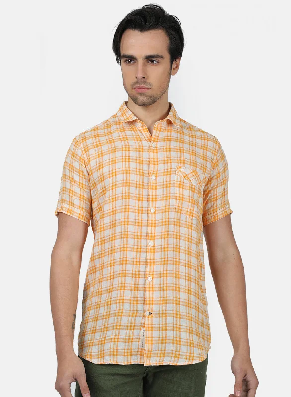 Plus Size Men's Striped Chambray Casual Shirts with a Spread Collar for a Preppy AppearanceMen Orange Check Shirts Plus Size Men's Striped Chambray Casual Shirts with a Spread Collar for a Preppy AppearanceMen Orange Check Shirts