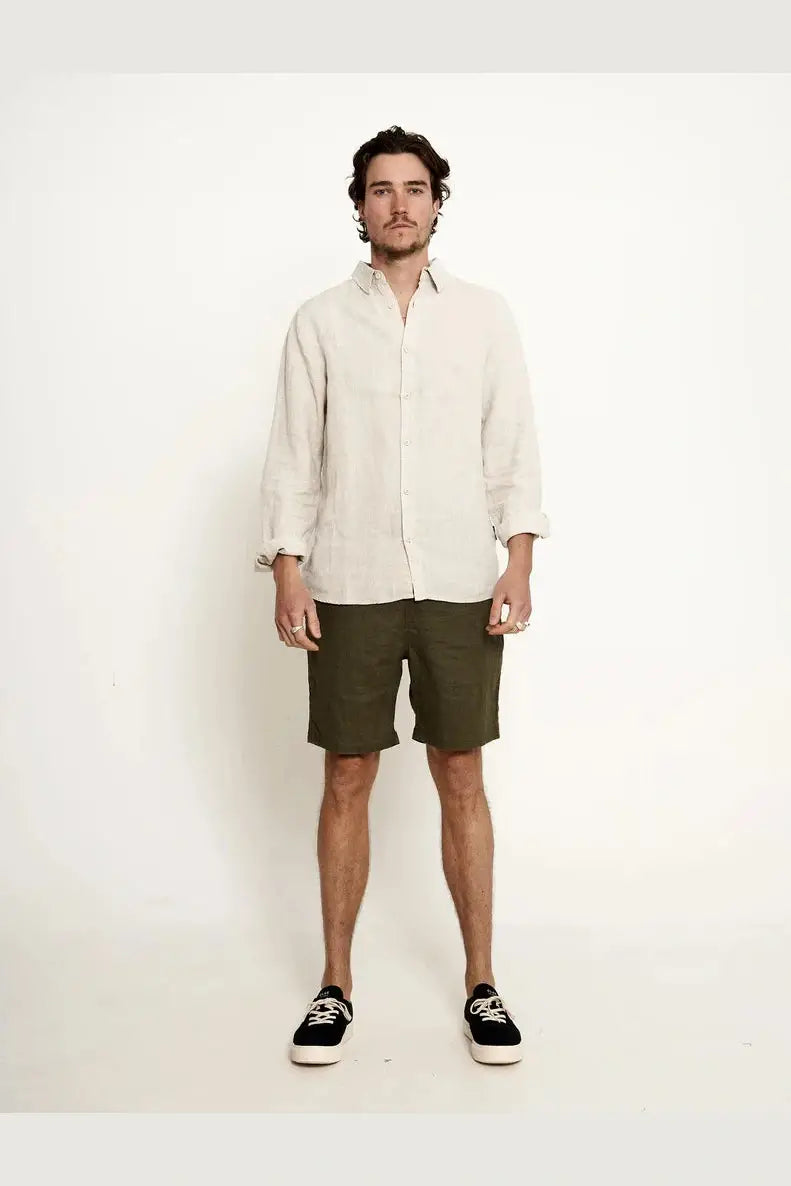 Men's flat - front chino shorts for semi - formal summer eventsMr simple tanner 2.0 linen shorts fatigue Men's flat - front chino shorts for semi - formal summer eventsMr simple tanner 2.0 linen shorts fatigue