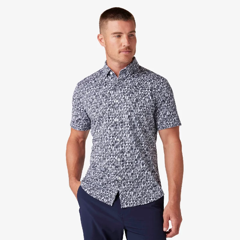 Men's Wrinkle - Resistant Polyester Blend Casual Shirts for Easy Travel and MaintenanceNavy Wood Cut Print Men's Wrinkle - Resistant Polyester Blend Casual Shirts for Easy Travel and MaintenanceNavy Wood Cut Print