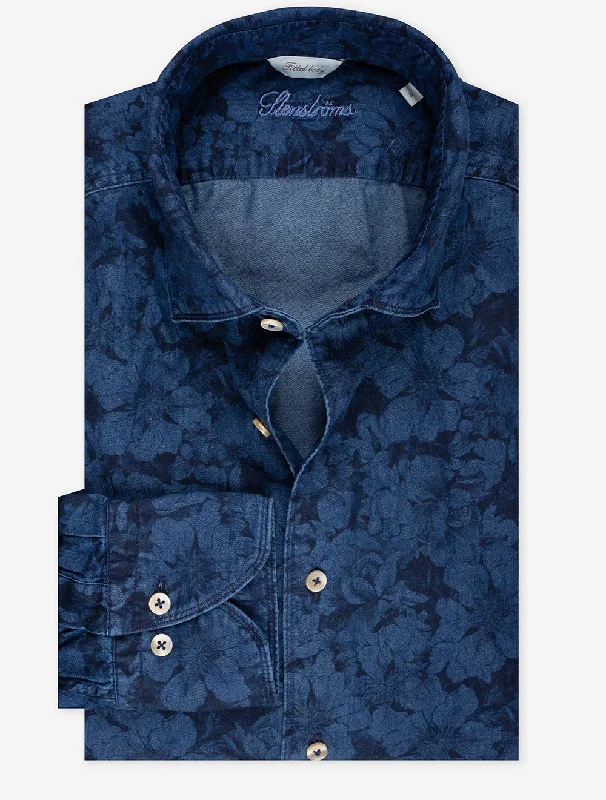 Men's Retro - Style Hawaiian Print Casual Shirts in Bold Patterns for a Tropical VacationFloral Denim Shirt Navy Men's Retro - Style Hawaiian Print Casual Shirts in Bold Patterns for a Tropical VacationFloral Denim Shirt Navy