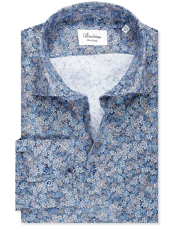 Plus Size Men's Striped Chambray Casual Shirts with a Spread Collar for a Preppy AppearanceFloral Fitted Shirt Navy Plus Size Men's Striped Chambray Casual Shirts with a Spread Collar for a Preppy AppearanceFloral Fitted Shirt Navy