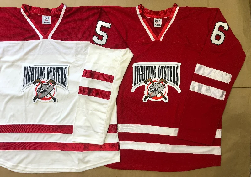 Men's Custom - Embroidered Volleyball Jerseys for Team Uniforms or Personalized GearRed and White Hockey Jerseys with a Fighting Oysters Twill Logo Men's Custom - Embroidered Volleyball Jerseys for Team Uniforms or Personalized GearRed and White Hockey Jerseys with a Fighting Oysters Twill Logo