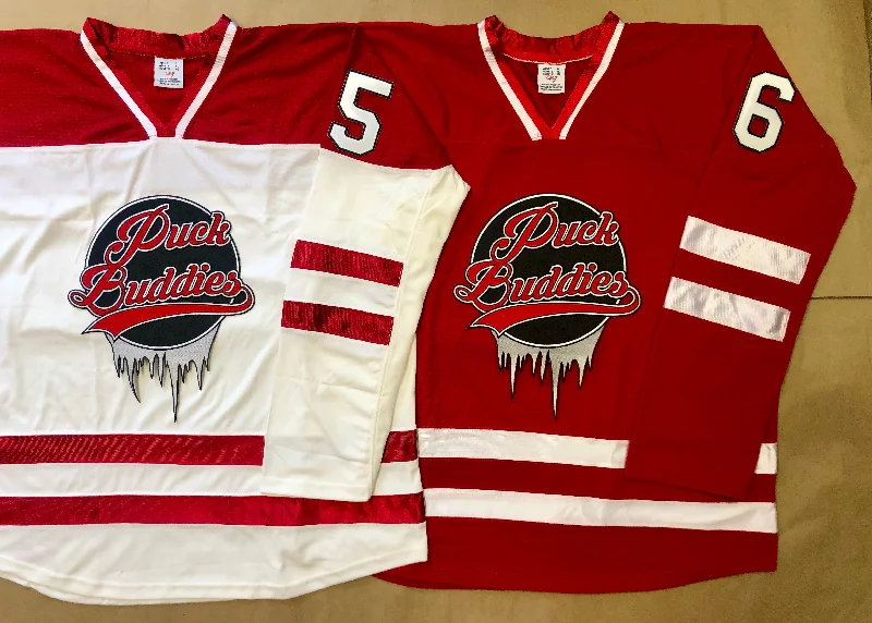 Men's Basketball Jerseys with Signature Player Logos for a Fan - Favorite LookRed and White Hockey Jerseys with the Puck Buddies Embroidered Twill Logo