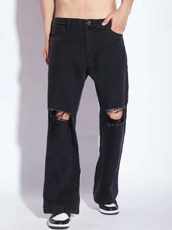 Plus Size Men's Bootcut Jeans with a Belt Loop Upgrade for a Stylish TouchBlack Knee Ripped Flared Denim Plus Size Men's Bootcut Jeans with a Belt Loop Upgrade for a Stylish TouchBlack Knee Ripped Flared Denim