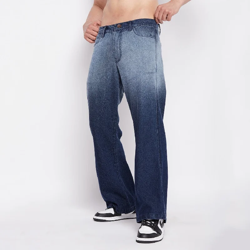 Men's Stretch Jeans with a Moisture - Wicking Lining for Active LifestylesBlue Ombre Washed Flared Denim Men's Stretch Jeans with a Moisture - Wicking Lining for Active LifestylesBlue Ombre Washed Flared Denim