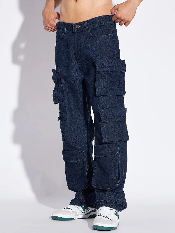 Men's Jeans with a Zip - Off Lower Leg for Convertible StyleDark Super Baggy Multipocket Cargo Denim Men's Jeans with a Zip - Off Lower Leg for Convertible StyleDark Super Baggy Multipocket Cargo Denim