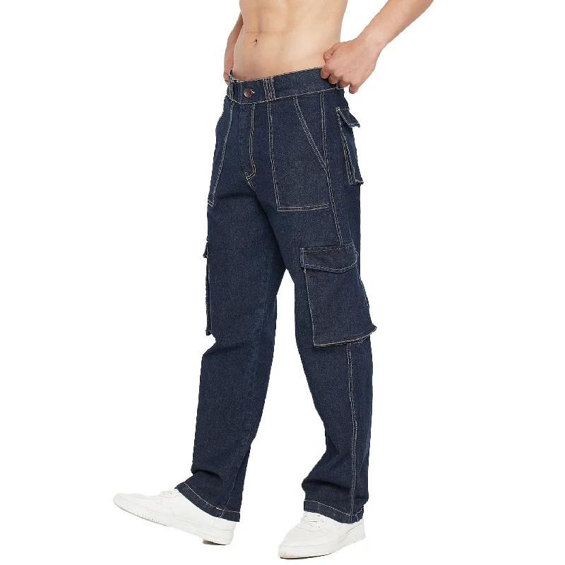 Men's Distressed Jeans with Patches for a Retro and DIY - Inspired AppearanceDark Washed Cargo Carpenter Denim Men's Distressed Jeans with Patches for a Retro and DIY - Inspired AppearanceDark Washed Cargo Carpenter Denim