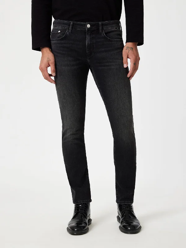 Men's Distressed Jeans with Patches for a Retro and DIY - Inspired AppearanceJake Slim Jean - Smoke Brushed Feather Blue Men's Distressed Jeans with Patches for a Retro and DIY - Inspired AppearanceJake Slim Jean - Smoke Brushed Feather Blue