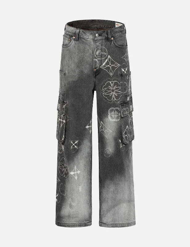Plus Size Men's Relaxed Fit Jeans with a Faded Wash for a Vintage - Inspired LookTie-Dye Kamon and Seagull Print Fashion Fit Cargo Jeans Plus Size Men's Relaxed Fit Jeans with a Faded Wash for a Vintage - Inspired LookTie-Dye Kamon and Seagull Print Fashion Fit Cargo Jeans