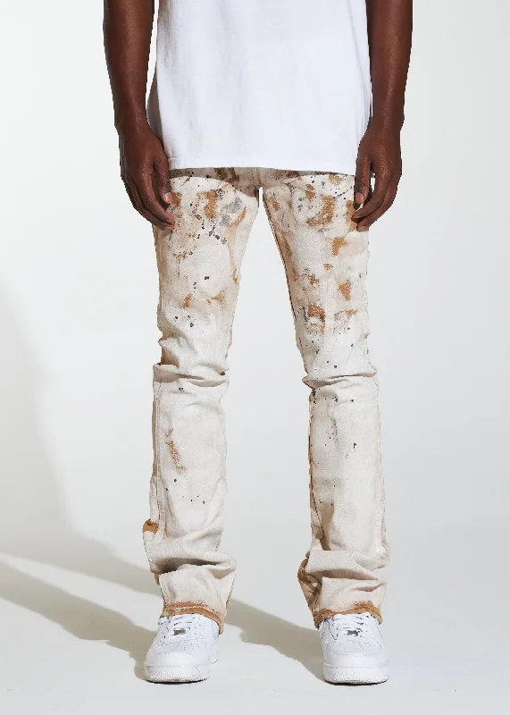 Men's Colored Jeans in Burgundy for a Bold and Fashion - Forward LookArch Stacked Flare Denim (Khaki Paint) Men's Colored Jeans in Burgundy for a Bold and Fashion - Forward LookArch Stacked Flare Denim (Khaki Paint)