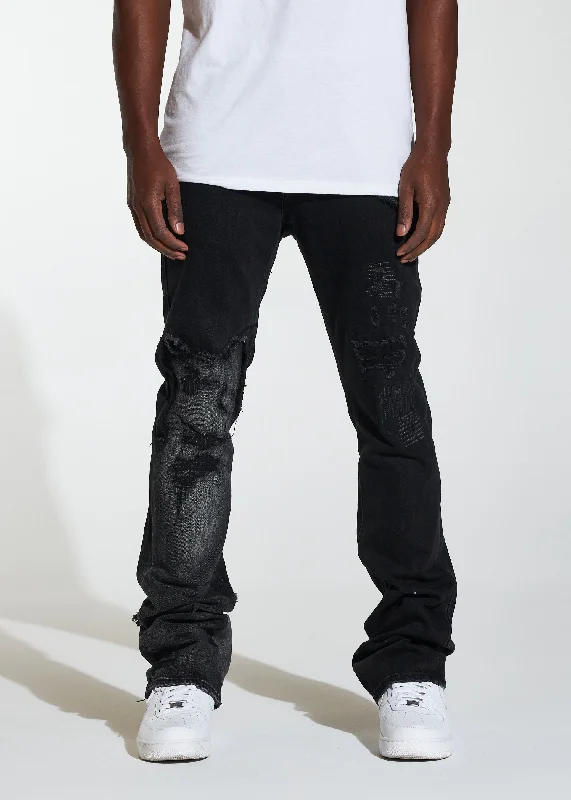 Plus Size Men's Relaxed Fit Jeans with a Faded Wash for a Vintage - Inspired LookArch Stacked Flare Denim (Washed Black) Plus Size Men's Relaxed Fit Jeans with a Faded Wash for a Vintage - Inspired LookArch Stacked Flare Denim (Washed Black)