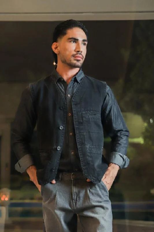 Men's High - Waisted Jeans in a Medium Wash for a Vintage - Style RevivalDenim Black Waistcoat Men's High - Waisted Jeans in a Medium Wash for a Vintage - Style RevivalDenim Black Waistcoat