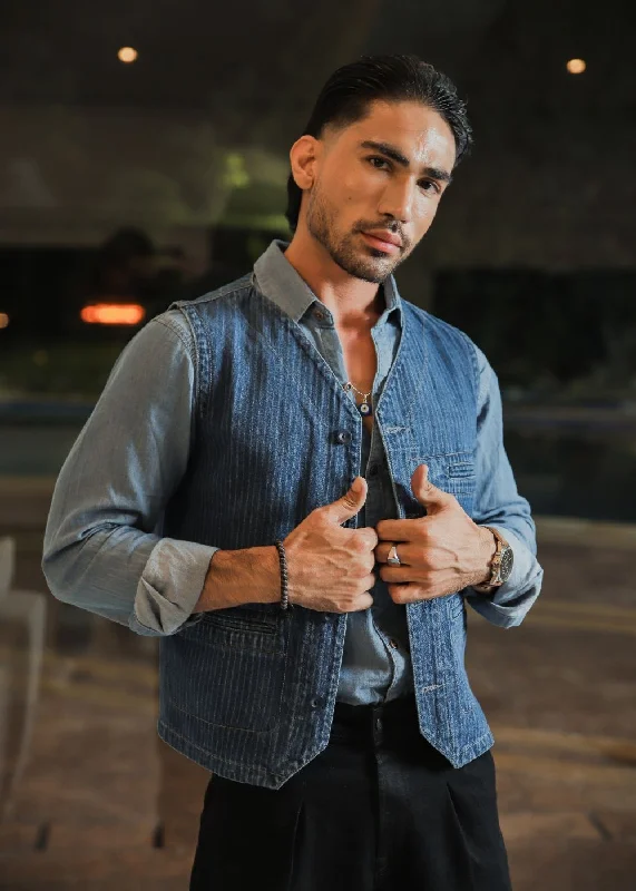 Men's Jeans with a Cargo - Inspired Knee Pocket for Extra StorageDenim Blue Striped Waistcoat Men's Jeans with a Cargo - Inspired Knee Pocket for Extra StorageDenim Blue Striped Waistcoat