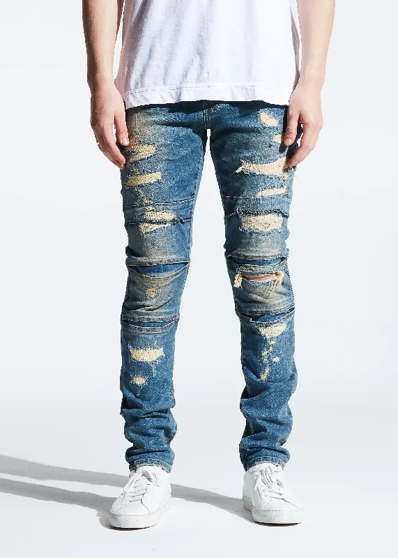 Men's Distressed Jeans with Patches for a Retro and DIY - Inspired AppearanceFrancesco Denim (Vintage Wash) Men's Distressed Jeans with Patches for a Retro and DIY - Inspired AppearanceFrancesco Denim (Vintage Wash)