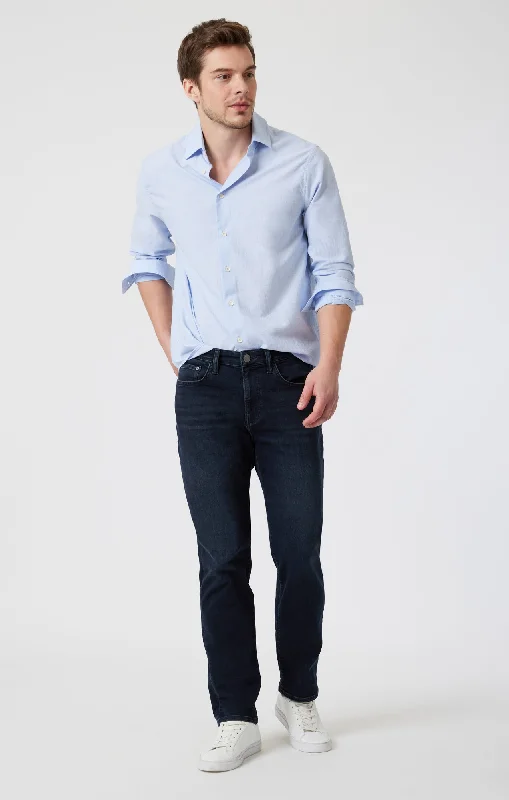 Men's High - Waisted Jeans in a Medium Wash for a Vintage - Style RevivalMARCUS SLIM STRAIGHT LEG IN BLUE BLACK BRUSHED SUPERMOVE Men's High - Waisted Jeans in a Medium Wash for a Vintage - Style RevivalMARCUS SLIM STRAIGHT LEG IN BLUE BLACK BRUSHED SUPERMOVE