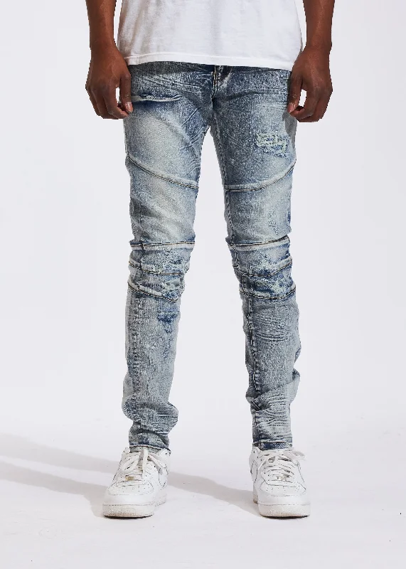 Men's Distressed Jeans with Patches for a Retro and DIY - Inspired AppearanceMontana Denim (Blue) Men's Distressed Jeans with Patches for a Retro and DIY - Inspired AppearanceMontana Denim (Blue)