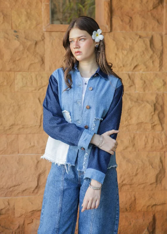 Men's Distressed Jeans with Patches for a Retro and DIY - Inspired AppearanceMulti-Tone Patched Jacket-Her Men's Distressed Jeans with Patches for a Retro and DIY - Inspired AppearanceMulti-Tone Patched Jacket-Her