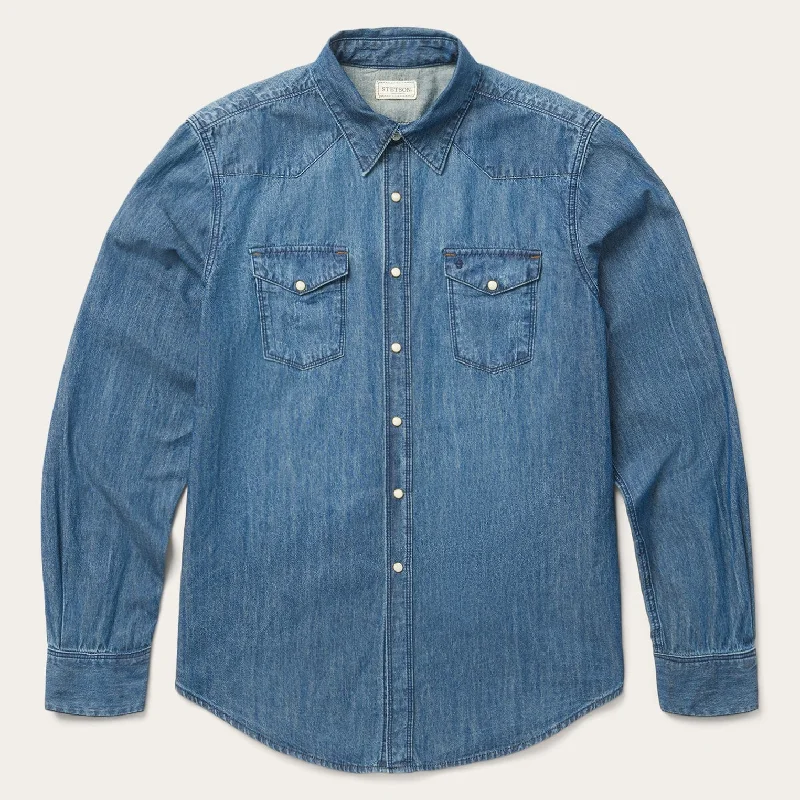 Men's Colored Jeans in Burgundy for a Bold and Fashion - Forward LookMedium Blue Denim Shirt Men's Colored Jeans in Burgundy for a Bold and Fashion - Forward LookMedium Blue Denim Shirt