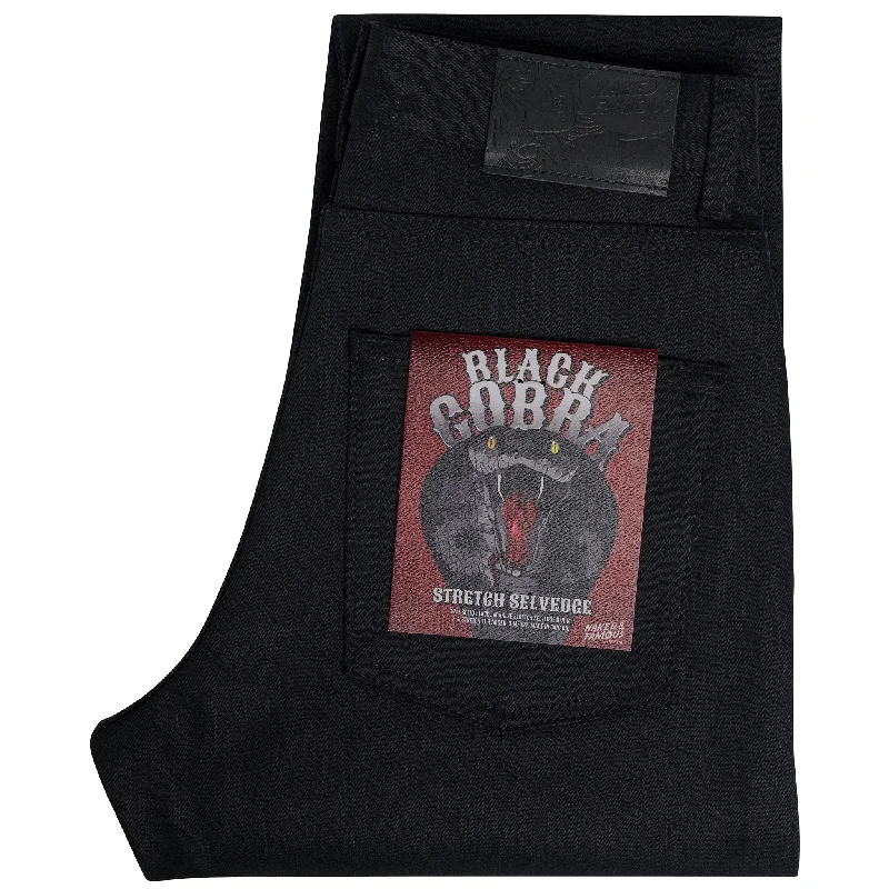 Men's Jeans with a Cargo - Inspired Knee Pocket for Extra StorageWomen's - Max - Black Cobra Stretch Selvedge Men's Jeans with a Cargo - Inspired Knee Pocket for Extra StorageWomen's - Max - Black Cobra Stretch Selvedge