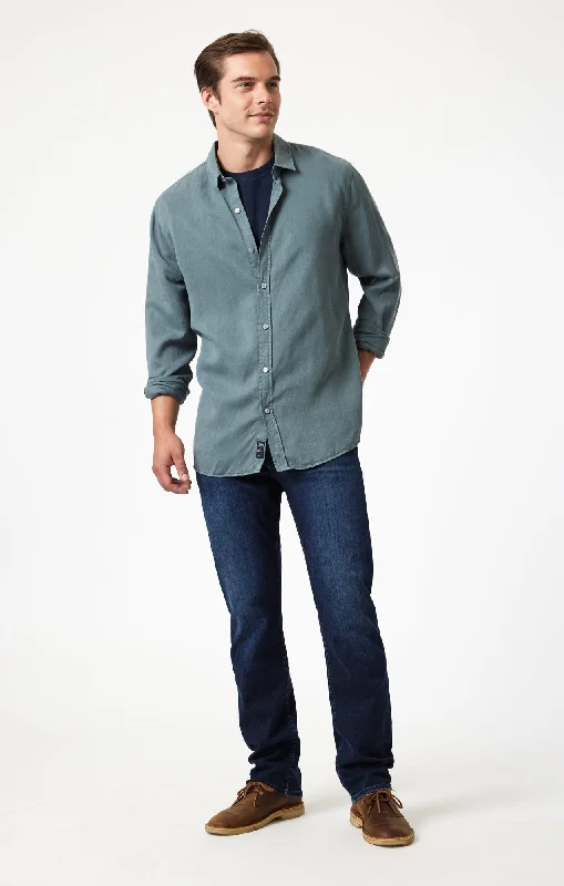 Men's Distressed Jeans with Patches for a Retro and DIY - Inspired AppearanceZACH STRAIGHT LEG IN DEEP BRUSHED FEATHER BLUE Men's Distressed Jeans with Patches for a Retro and DIY - Inspired AppearanceZACH STRAIGHT LEG IN DEEP BRUSHED FEATHER BLUE