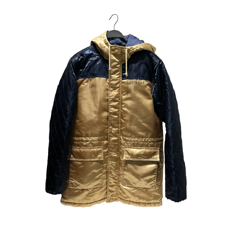 Men jackets with a built - in hood that can be stowed away when not in useSupreme/Puffer Jkt/L/Polyester/NVY/navy and gold satin puffer Men jackets with a built - in hood that can be stowed away when not in useSupreme/Puffer Jkt/L/Polyester/NVY/navy and gold satin puffer