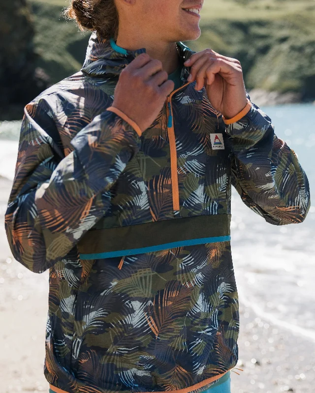 Men jackets with a built - in hood that can be stowed away when not in useGusto Recycled Windshell Anorak - Palm Camo Apricot Men jackets with a built - in hood that can be stowed away when not in useGusto Recycled Windshell Anorak - Palm Camo Apricot