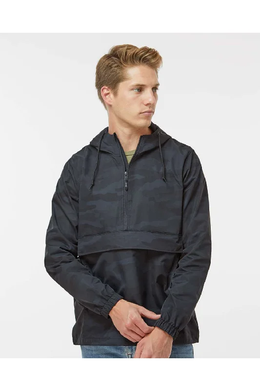 Slim - fit leather men jackets with a distressed finish for a rugged lookIndependent Trading Co. Mens 1/4 Zip Waterproof Hooded Anorak Jacket - Black Camo Slim - fit leather men jackets with a distressed finish for a rugged lookIndependent Trading Co. Mens 1/4 Zip Waterproof Hooded Anorak Jacket - Black Camo