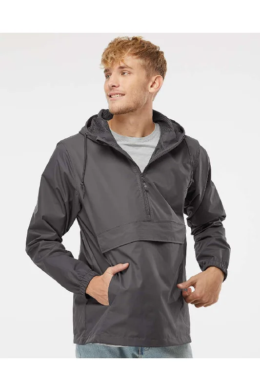 Men jackets with a media - friendly pocket for easy access to gadgetsIndependent Trading Co. Mens 1/4 Zip Waterproof Hooded Anorak Jacket - Graphite Grey Men jackets with a media - friendly pocket for easy access to gadgetsIndependent Trading Co. Mens 1/4 Zip Waterproof Hooded Anorak Jacket - Graphite Grey