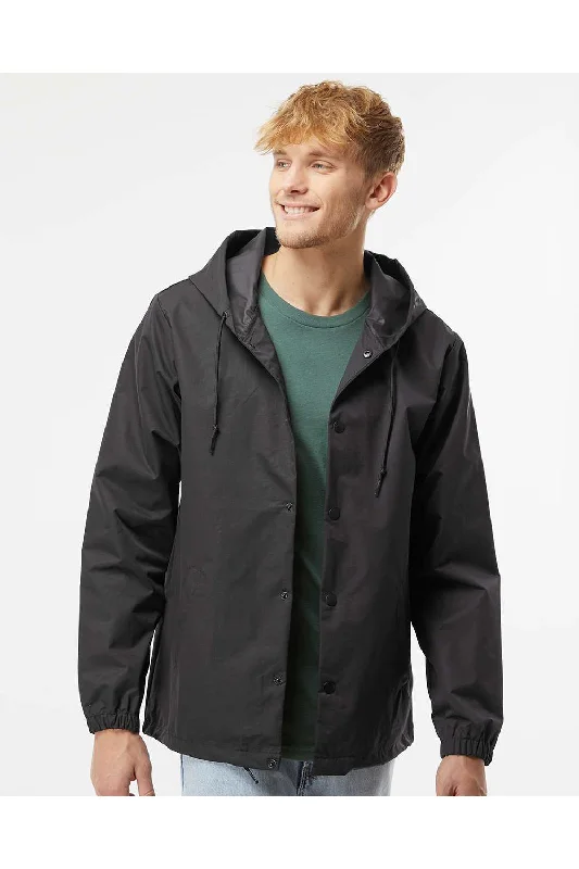 Stretch - fabric men jackets for unrestricted movement during workoutsIndependent Trading Co. Mens Water Resistant Snap Down Hooded Windbreaker Jacket - Black/Black Stretch - fabric men jackets for unrestricted movement during workoutsIndependent Trading Co. Mens Water Resistant Snap Down Hooded Windbreaker Jacket - Black/Black