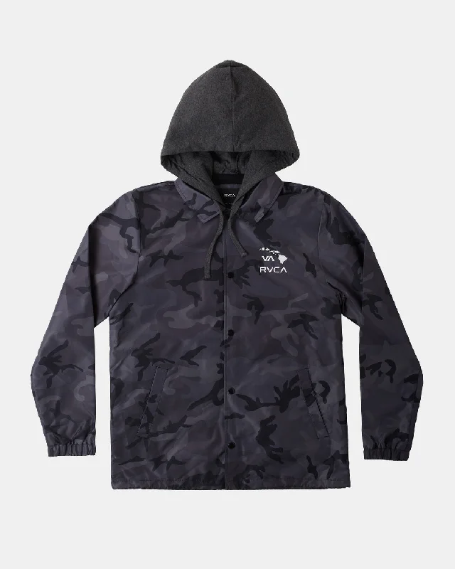 Stretch - fabric men jackets for unrestricted movement during workoutsIsland Hex Hooded Coaches Jacket - Black Camo Stretch - fabric men jackets for unrestricted movement during workoutsIsland Hex Hooded Coaches Jacket - Black Camo