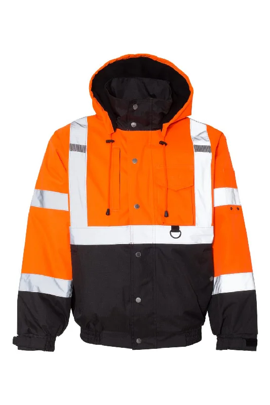 Hooded men jackets with a detachable faux - fur trim for added warmthKishigo Mens Ripstop Waterproof Full Zip Hooded Bomber Jacket - Orange/Black Hooded men jackets with a detachable faux - fur trim for added warmthKishigo Mens Ripstop Waterproof Full Zip Hooded Bomber Jacket - Orange/Black