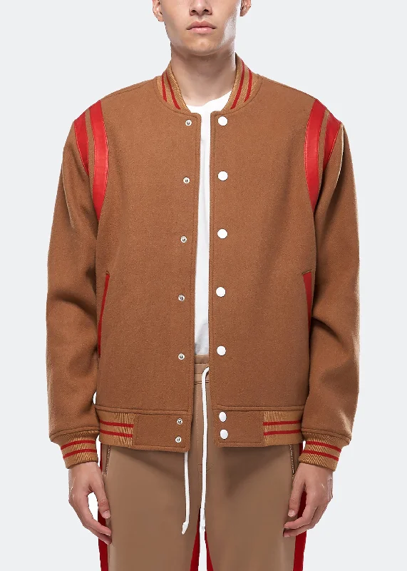 Embroidered men jackets with intricate floral designs for a unique aestheticKonus Men's Wool Blend Varsity Jacket in Camel Embroidered men jackets with intricate floral designs for a unique aestheticKonus Men's Wool Blend Varsity Jacket in Camel