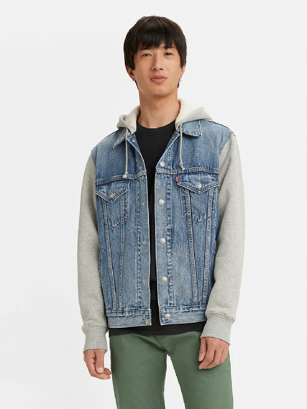 Men jackets with a zip - off sleeves to convert to a vestMen's Colorblock Blue Hooded Trucker Jacket Men jackets with a zip - off sleeves to convert to a vestMen's Colorblock Blue Hooded Trucker Jacket