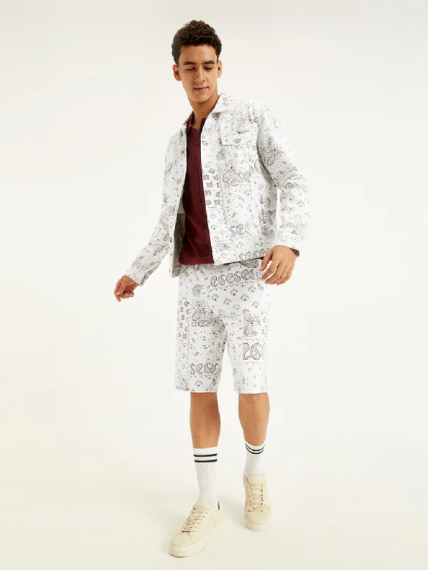 Hooded men jackets with a detachable faux - fur trim for added warmthMen's Printed White Spread Collar Trucker Jacket Hooded men jackets with a detachable faux - fur trim for added warmthMen's Printed White Spread Collar Trucker Jacket