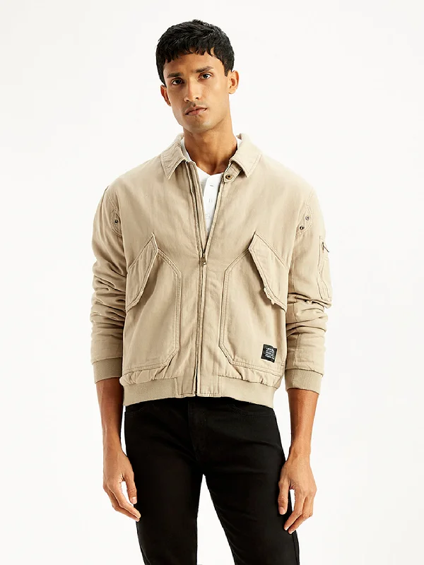 Men jackets with a built - in hood that can be stowed away when not in useMen's Solid Beige Spread Collar Bomber Jacket Men jackets with a built - in hood that can be stowed away when not in useMen's Solid Beige Spread Collar Bomber Jacket