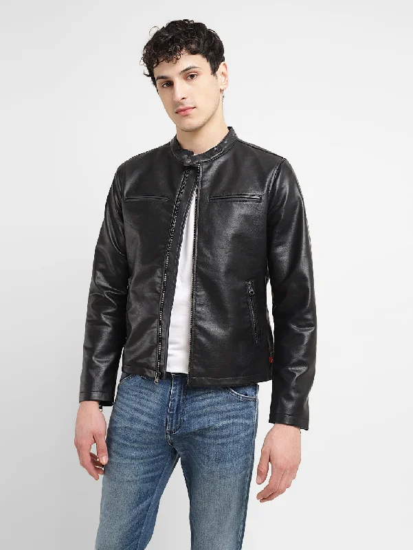 Men jackets with a zip - off sleeves to convert to a vestMen's Solid Black Band Neck Biker Jacket Men jackets with a zip - off sleeves to convert to a vestMen's Solid Black Band Neck Biker Jacket