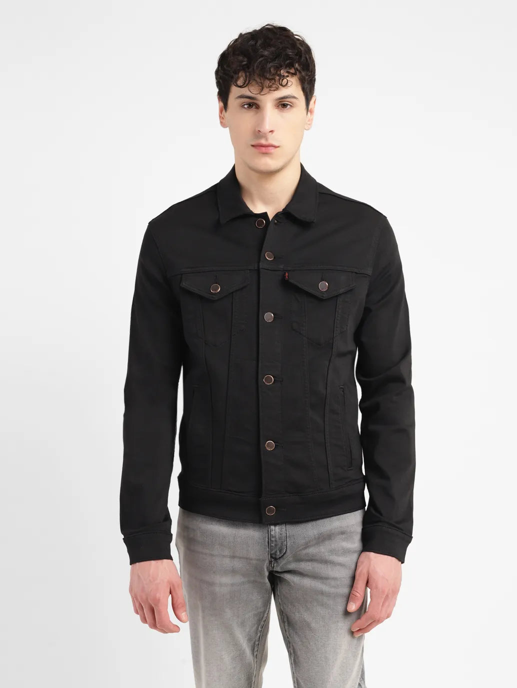 Slim - fit leather men jackets with a distressed finish for a rugged lookMen's Solid Black Spread Collar Trucker Jacket Slim - fit leather men jackets with a distressed finish for a rugged lookMen's Solid Black Spread Collar Trucker Jacket