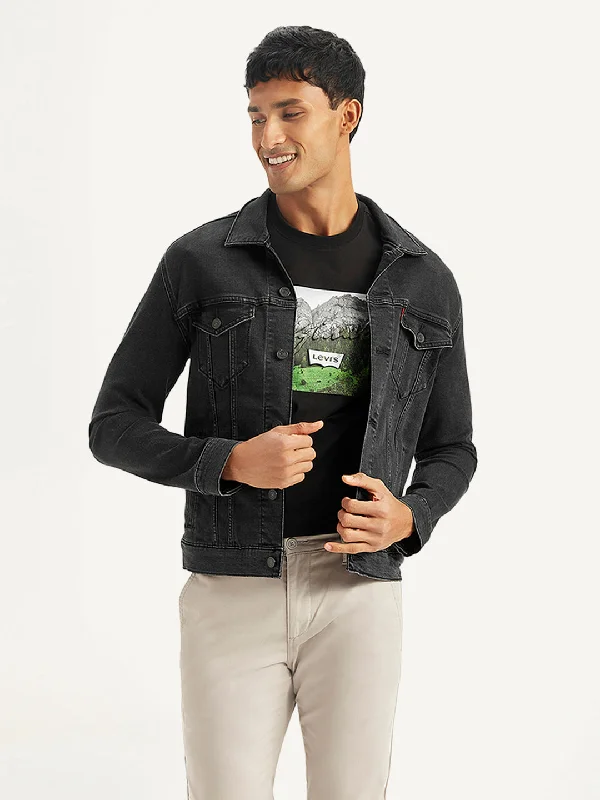 Slim - fit leather men jackets with a distressed finish for a rugged lookMen's Solid Black Spread Collar Trucker Jacket Slim - fit leather men jackets with a distressed finish for a rugged lookMen's Solid Black Spread Collar Trucker Jacket