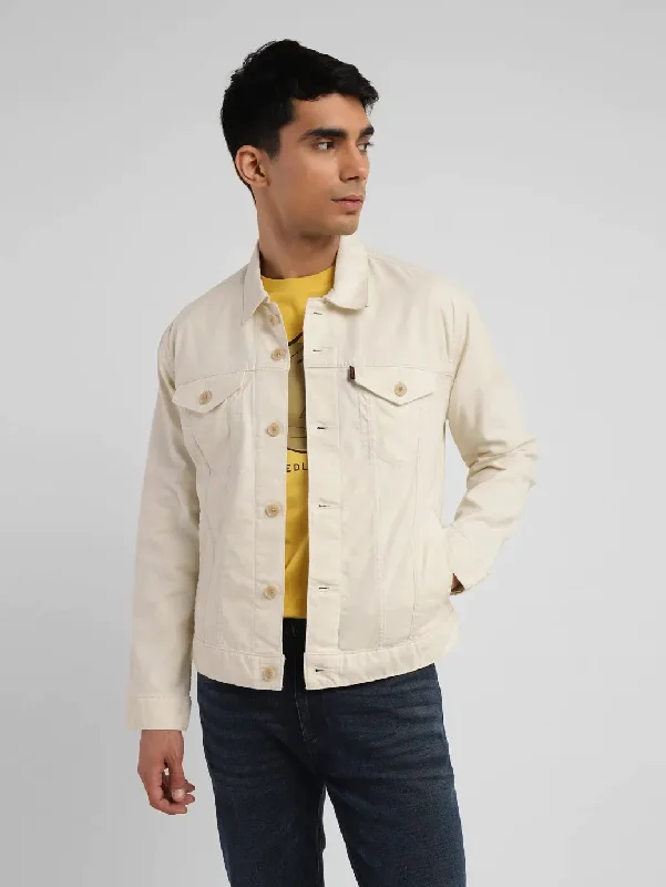 Slim - fit leather men jackets with a distressed finish for a rugged lookMen's Solid Cream Spread Collar Trucker Jacket Slim - fit leather men jackets with a distressed finish for a rugged lookMen's Solid Cream Spread Collar Trucker Jacket