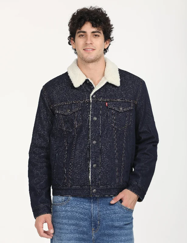 Hooded men jackets with a detachable faux - fur trim for added warmthMen's Solid Navy Spread Collar Denim Jacket Hooded men jackets with a detachable faux - fur trim for added warmthMen's Solid Navy Spread Collar Denim Jacket