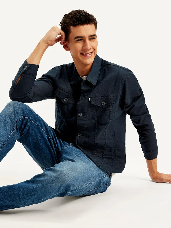 Men jackets with a built - in hood that can be stowed away when not in useMen's Solid Navy Spread Collar Trucker Jacket Men jackets with a built - in hood that can be stowed away when not in useMen's Solid Navy Spread Collar Trucker Jacket