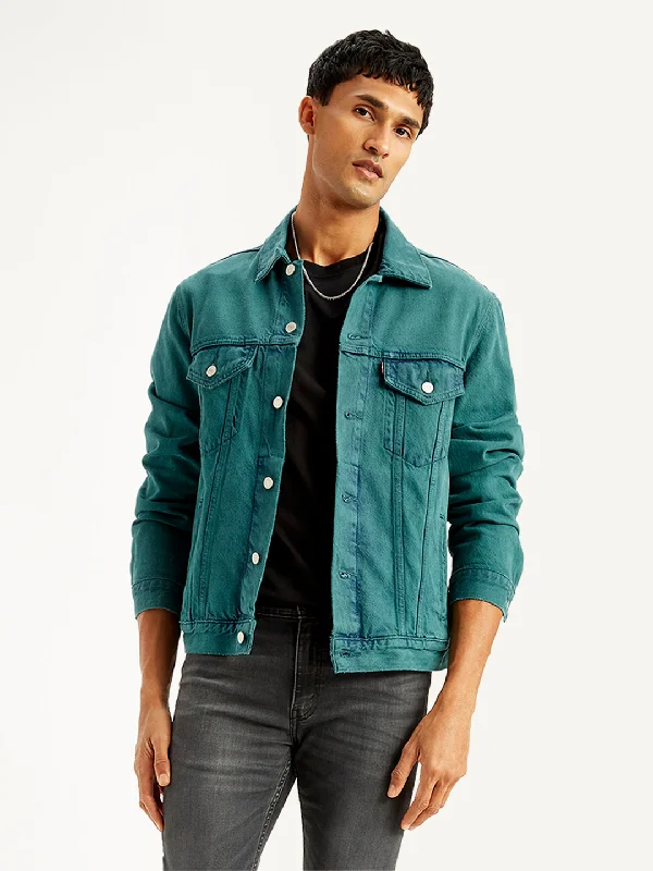 Hooded men jackets with a detachable faux - fur trim for added warmthMen's Solid Teal Spread Collar Trucker Jacket Hooded men jackets with a detachable faux - fur trim for added warmthMen's Solid Teal Spread Collar Trucker Jacket