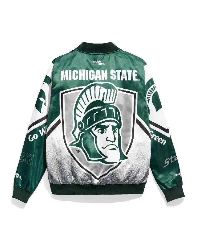 Men jackets with a media - friendly pocket for easy access to gadgetsMichigan State Football Fanimation Satin Jacket Men jackets with a media - friendly pocket for easy access to gadgetsMichigan State Football Fanimation Satin Jacket