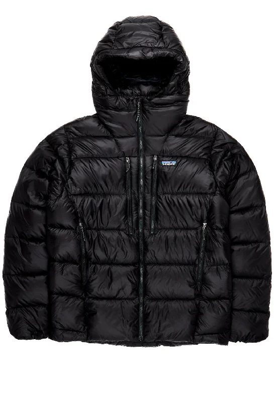 Men jackets with a built - in hood that can be stowed away when not in usePatagonia Men's Fitz Roy Down Hoody - Black Men jackets with a built - in hood that can be stowed away when not in usePatagonia Men's Fitz Roy Down Hoody - Black