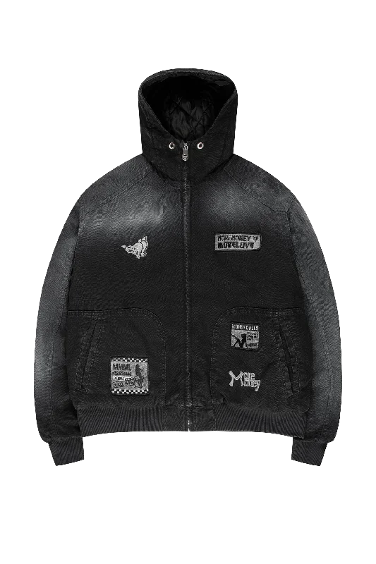 Men jackets with a media - friendly pocket for easy access to gadgetsPATCHED UP HOODED BOMBER WASHED BLACK Men jackets with a media - friendly pocket for easy access to gadgetsPATCHED UP HOODED BOMBER WASHED BLACK
